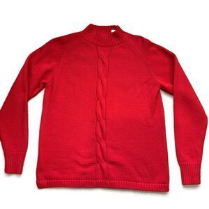 Norm Thompson Red Cable Knit Mock Neck Ribbed Cuffs Pullover Sweater Preppy Med